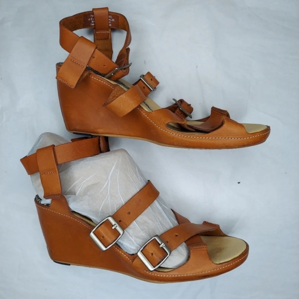 J Shoes Leather Wedge Heel‎ Sandals Womens 10 Strappy Ankle Adjustable Buckle